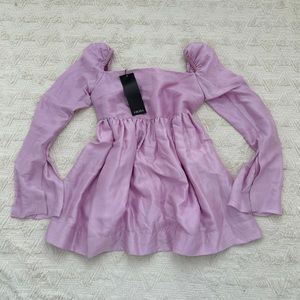 Azeeza Kamden pink silk puff sleeve long sleeve mini dress